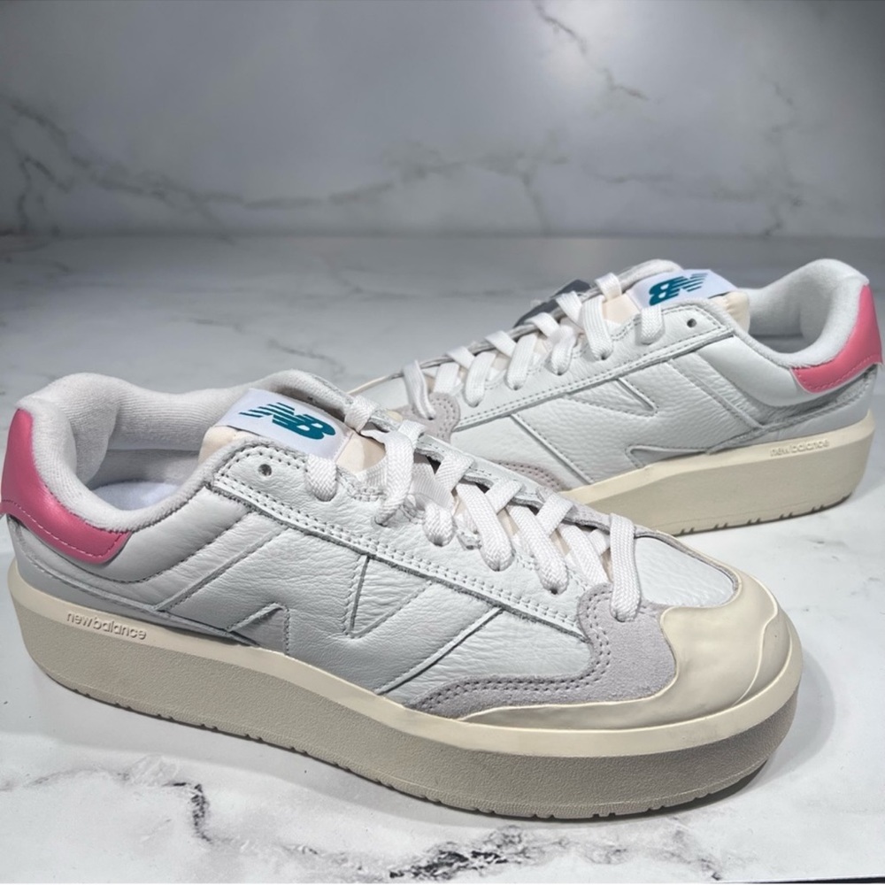 New Balance CT 302 White Leather Pink Heel Platform Sneakers - Picture 4 of 11